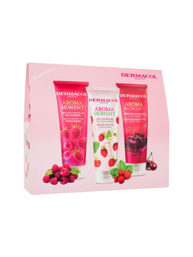 Dermacol Aroma Moment Be Delicious Подаръчен комплект душ гел Дива малина 250 ml + душ гел Диви ягоди 250 ml + душ гел Черна череша 250 ml