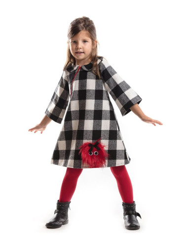 Denokids Pompom Girl Child Black White Plaid Long Sleeve Winter Dress