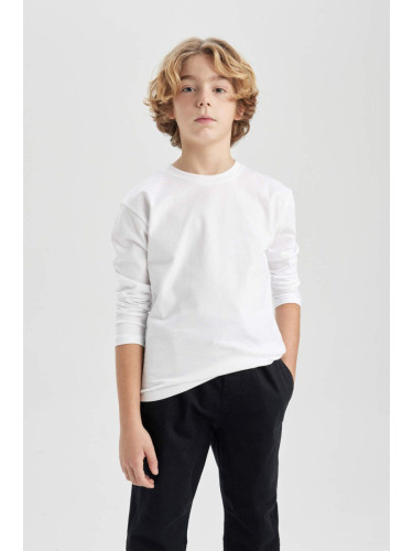 DEFACTO Boy's White Crew Neck Combed Cotton Long Sleeve School T-Shirt