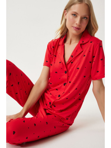 Happiness İstanbul Women's Red Heart Shirt Trousers Pajama Set