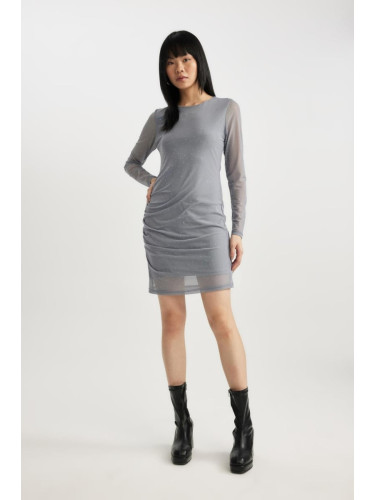 DEFACTO Bodycon Crew Neck Tulle Long Sleeve Mini Dress