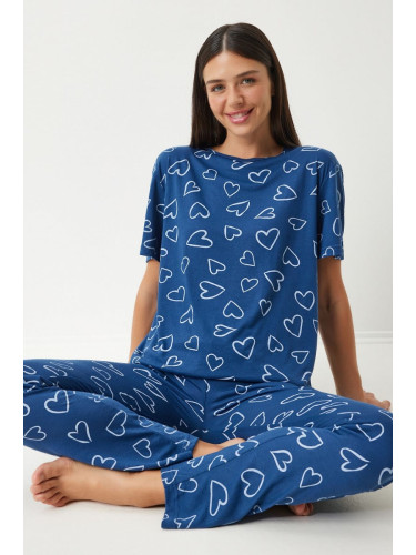 Happiness İstanbul Women's Navy Blue Patterned Viscose Trousers T-Shirt Pajama Set