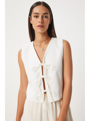 Happiness İstanbul Women's White Bow Linen Vest