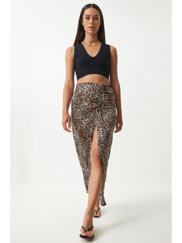 Happiness İstanbul Women's Black Beige Leopard Patterned Slit Midi Knitted Skirt