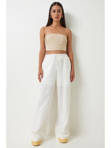 Happiness İstanbul Women's White Loose Cut Linen Trousers