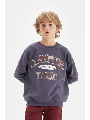 DEFACTO Boy Indigo Oversize Fit Wide Pattern Crew Neck Text Printed School Sweatshirt