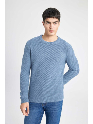 DEFACTO Men's Blue Standard Fit Regular Cut Crew Neck Striped Knitwear Sweater