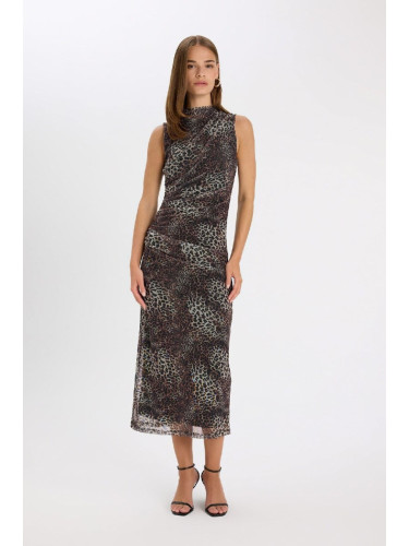 DEFACTO Bodycon Crew Neck Leopard Print Tulle Sleeveless Maxi Dress