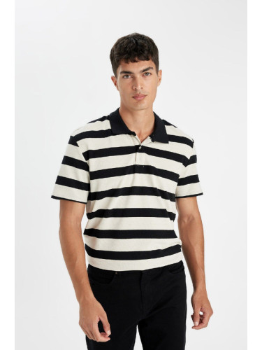 DEFACTO Men's Beige New Regular Fit Regular Cut Polo Collar Black Striped Short Sleeve Polo T-Shirt