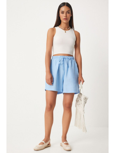 Happiness İstanbul Women's Sky Blue Pocket Muslin Shorts