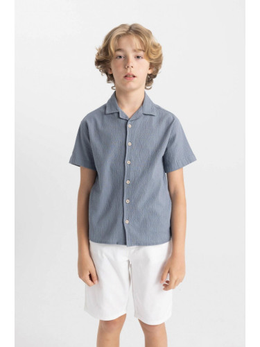 DEFACTO Boy's Oversize Fit Polo Neck Seersucker Textured Short Sleeve Shirt