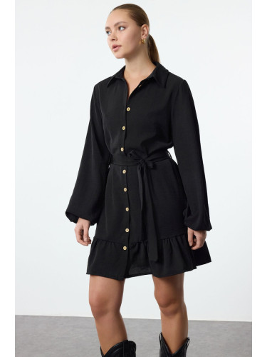 Trendyol Black Belted Mini Flounce Detailed Woven Shirt Dress