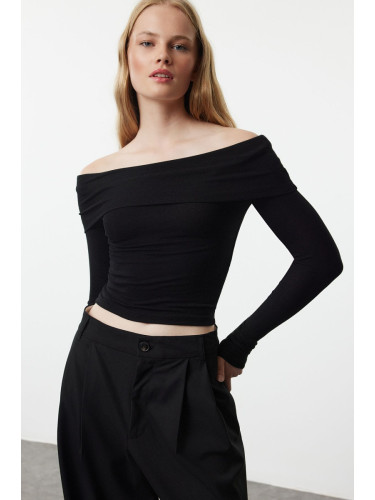 Trendyol Black Carmen Collar Crop/Short Stretchy Knitted Blouse