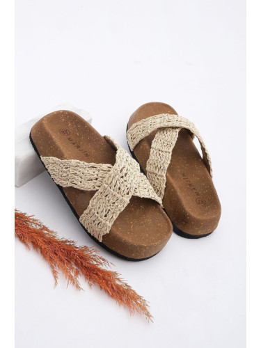 Marjin Women's Hand Knitted Mushroom Pattern Sole Cross Band Wicker Daily Slippers Parsey Beige Wicker