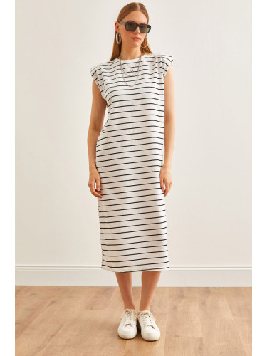 Olalook Women's White Padded Striped Midi Dress