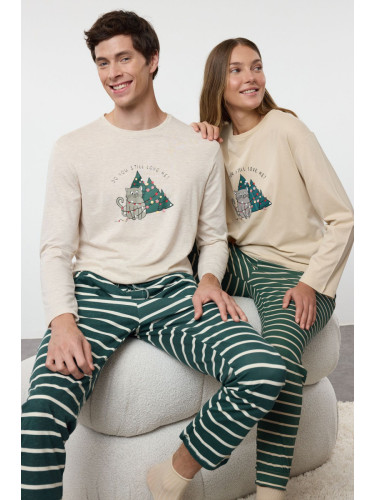 Trendyol Beige Striped Regular Fit Couple Christmas Knitted Pajamas Set