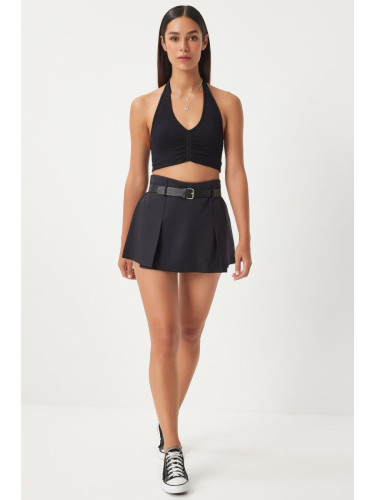 Happiness İstanbul Women's Black Belted Pleated Shorts Skirt