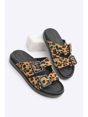 Marjin Women's Double Buckle Leopard Patterned Daily Slippers Bervas Leopard