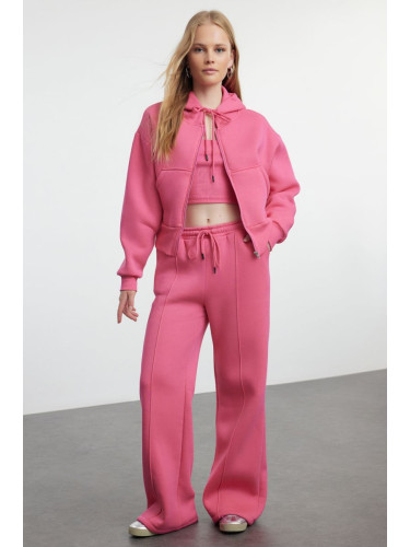 Trendyol Pink 3-Piece Fleece Hooded Relaxed Knitted Tracksuit Set