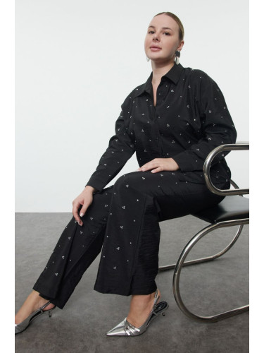 Trendyol Curve Black Stone Embroidered Elastic Waist Woven Plus Size Shirt-Pants Bottom-Top Set