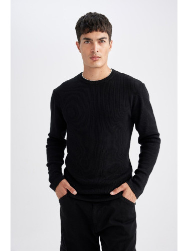 DEFACTO Men's Black Relax Fit Casual Cut Crew Neck Inside Combed Cotton Knitwear Sweater