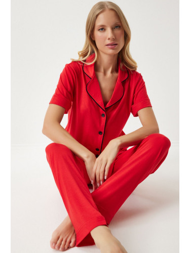 Happiness İstanbul Women's Red Piping Detailed Shirt Trousers Pajama Set