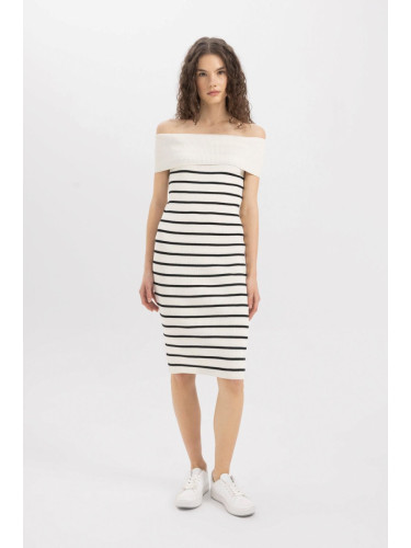 DEFACTO Fitted Striped Open Shoulder Ribbed Midi Dress