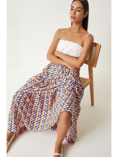 Happiness İstanbul Women's Orange Blue Patterned Flounce Summer Maxi Viscose Skirt