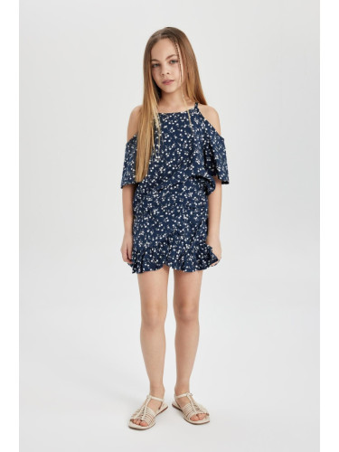 DEFACTO Girl 2-Piece Set Patterned Short Sleeve Blouse Top Elastic Waist Skirt Bottom