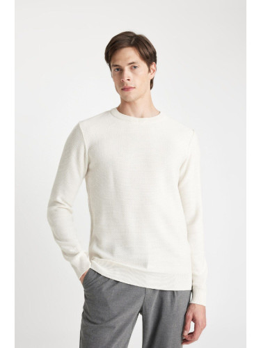 DEFACTO Men's Beige Standard Fit Regular Cut Crew Neck Textured Knitwear Sweater