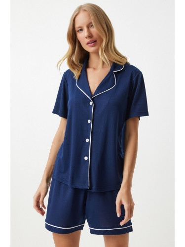 Happiness İstanbul Women's Navy Blue Piping Detailed Shirt Shorts Pajama Set