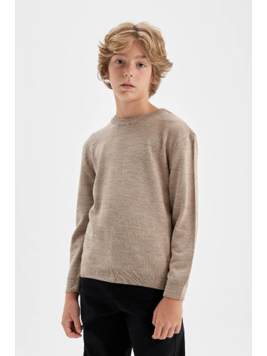 DEFACTO Boy's Beige Crew Neck Basic Plain Knitwear Sweater