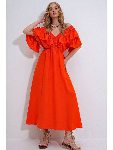 Trend Alaçatı Stili Women's Coral Collar Gimped and Flounced Waist Belted Midi-Weaving Dress