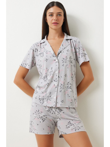 Happiness İstanbul Women's Gray Patterned Viscose Shorts Shirt Pajama Set