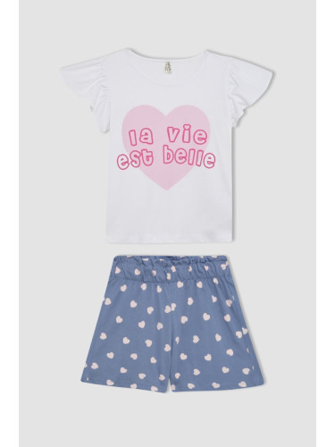 DEFACTO Girl's Printed Short Sleeve Pajama Set with Shorts