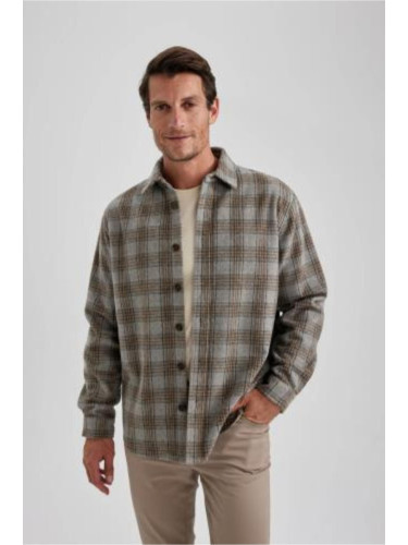 DEFACTO Relax Fit Polo Collar Thick Fabric Plaid Patterned Shirt Jacket