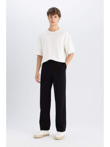 DEFACTO Men's Black Wide Straight Wide Leg Pocketed Gabardine Trousers