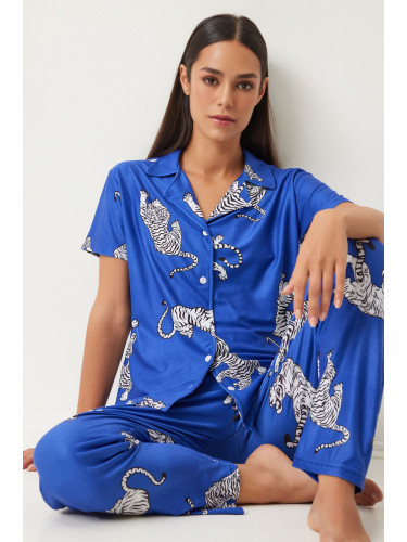 Happiness İstanbul Women's Dark Blue Patterned Shirt and Pants Knitted Pajama Set