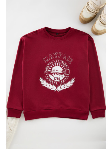 Trendyol Claret Red Oversize/Wide Cut Crew Neck College Printed Sweatshirt