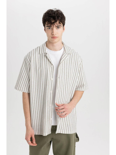 DEFACTO Relax Fit Wide Collar Striped Combed Cotton Short Sleeve Shirt