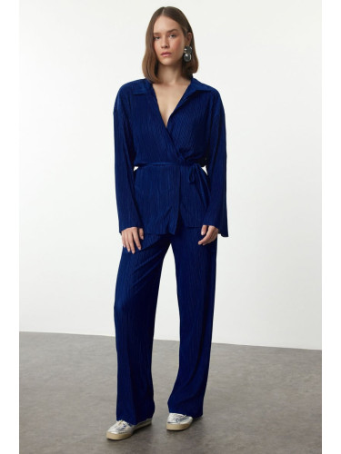 Trendyol Saks Pleated Relaxed/Comfortable Pattern Flexible Knitted Blouse/Pants Bottom-Top Set