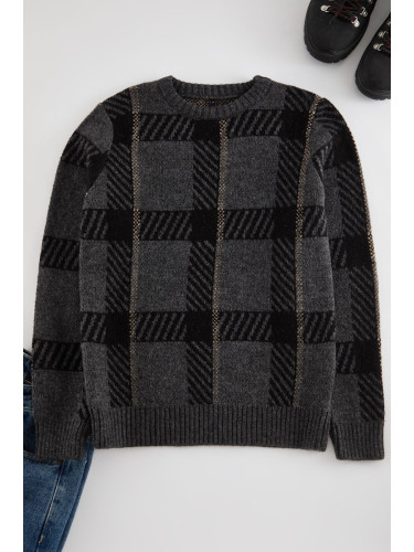 Trendyol Anthracite Regular Crew Neck Plaid / Checkered Knitwear Sweater