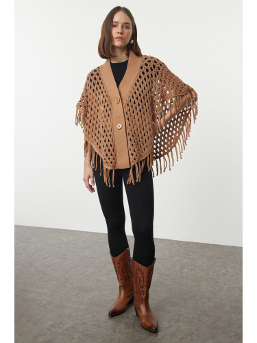 Trendyol Camel Openwork/Hole Tassel Detail Poncho Knitwear Cardigan