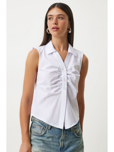 Happiness İstanbul Women's White Drawstring Detailed Sleeveless Shirt