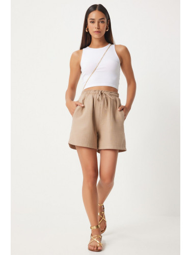 Happiness İstanbul Women's Beige Pocket Muslin Shorts