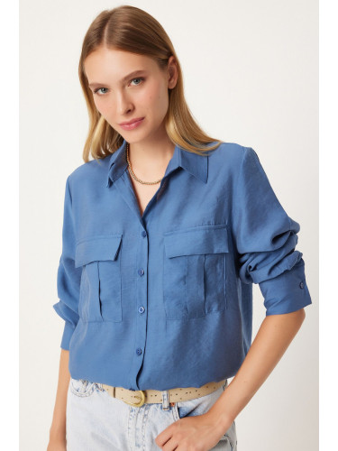 Happiness İstanbul Women's Indigo Blue Wide Pocket Tencel Shirt