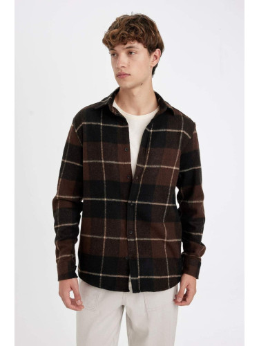 DEFACTO Men's Brown Regular Fit Regular Cut Polo Collar Plaid Lumberjack Flannel Long Sleeve Shirt