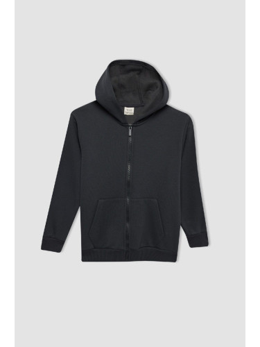 DEFACTO Boy Anthracite Basic Plain Hooded Zippered School Cardigan