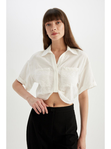 DEFACTO Crop Shirt Collar Twill Short Sleeve Blouse