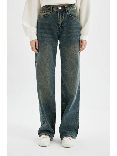 DEFACTO Straight Wide High Waist Long Jean Washed Trousers